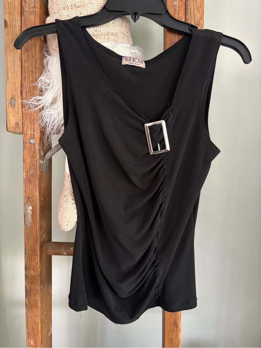 MKM Designs Black Sleeveless Ruched Tank with Silver Buckle